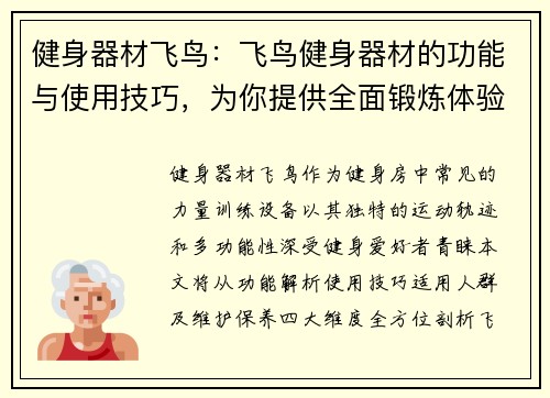 健身器材飞鸟：飞鸟健身器材的功能与使用技巧，为你提供全面锻炼体验