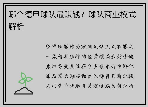 哪个德甲球队最赚钱？球队商业模式解析